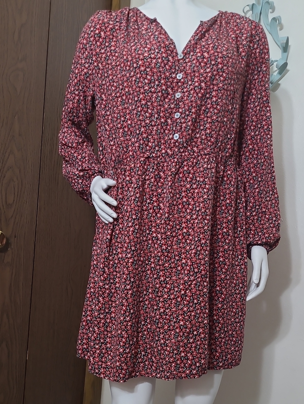 LOFT Red Floral Long-Sleeve Buttoned Mini Dress